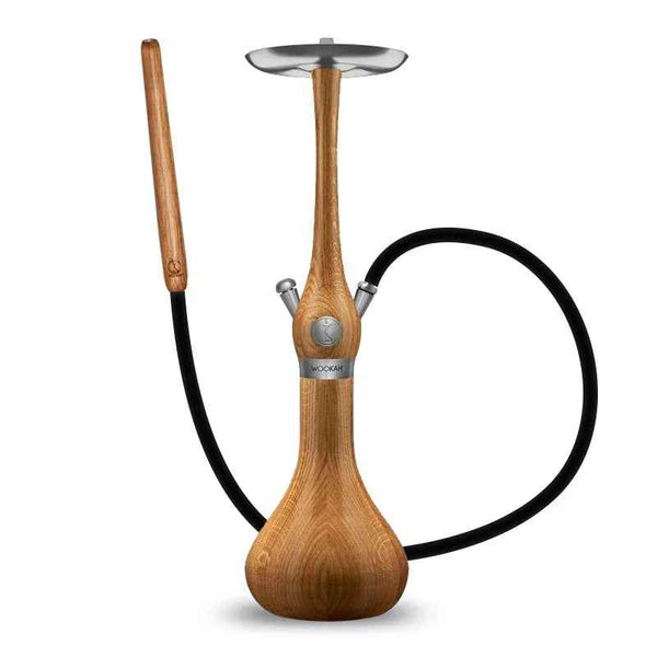 Modern oak wood hookah with silver accents and black silicone hose on white background