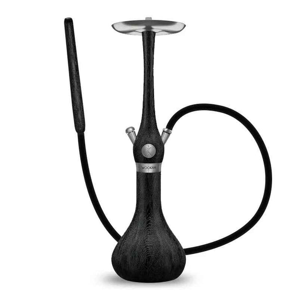 Modern black wooden shisha pipe with sleek stainless steel accents and silicone hose