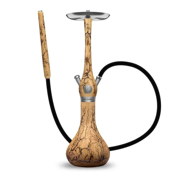 Elegant wood grain hookah with stainless steel accents and black hose on white background