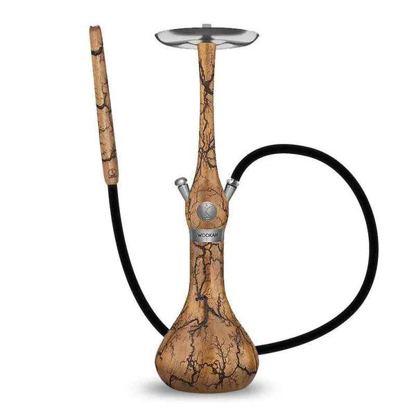 Modern wooden shisha pipe with marble pattern and black hose on white background