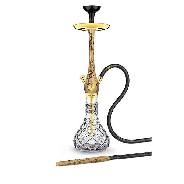 Luxury hookah with crystal base, gold-plated accents, wooden stem, and black hose
