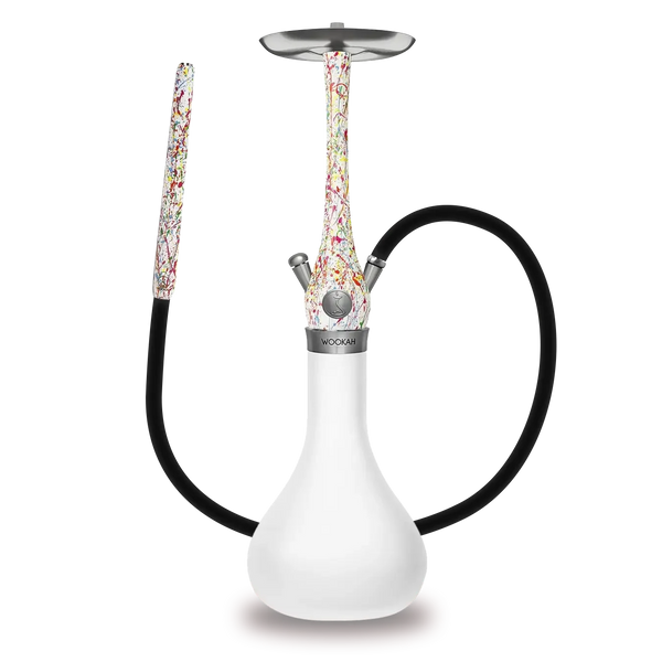 Modern white hookah with colorful abstract splatter design and black hose on white background