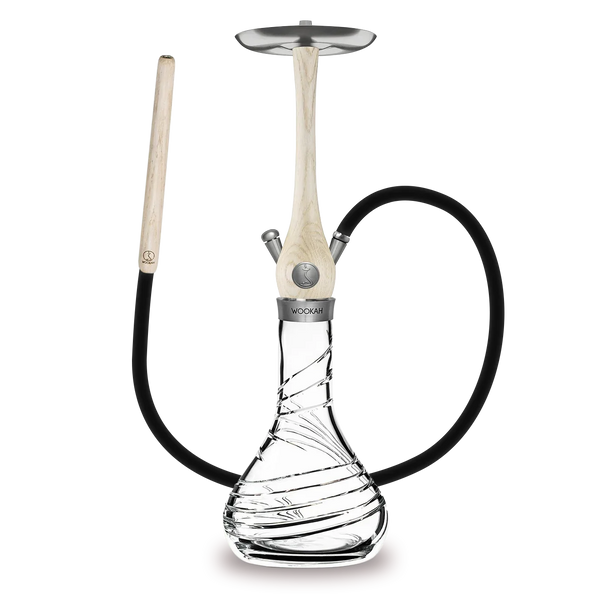 Modern hookah with clear spiral-patterned crystal base, light wood stem, and black hose