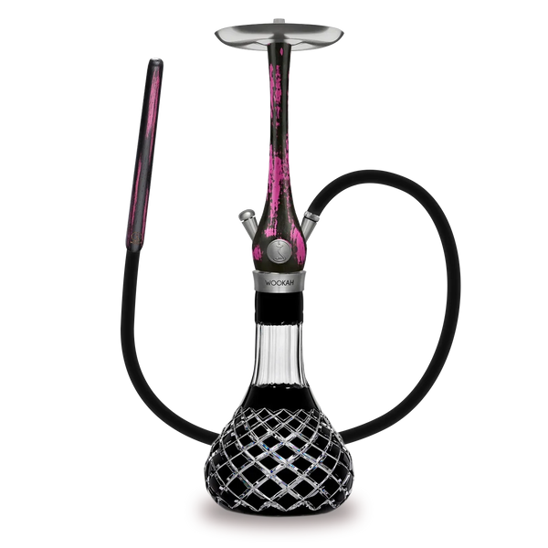 Black and pink hookah with cut glass base, black hose, and lattice design details