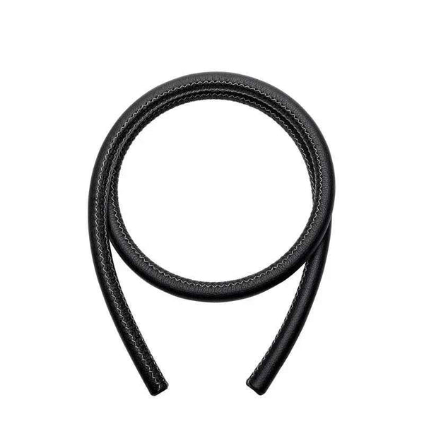 Black leather hookah hose with stitched detail on white background