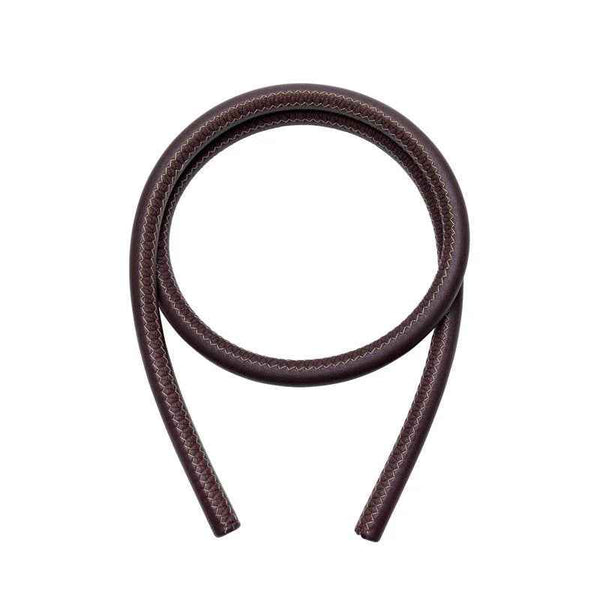 Brown leather shisha hose with visible stitching, coiled on a white background