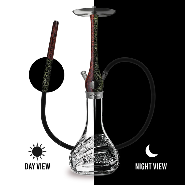 Red and black hookah with engraved glass base, day and night crackle effect, flexible hose