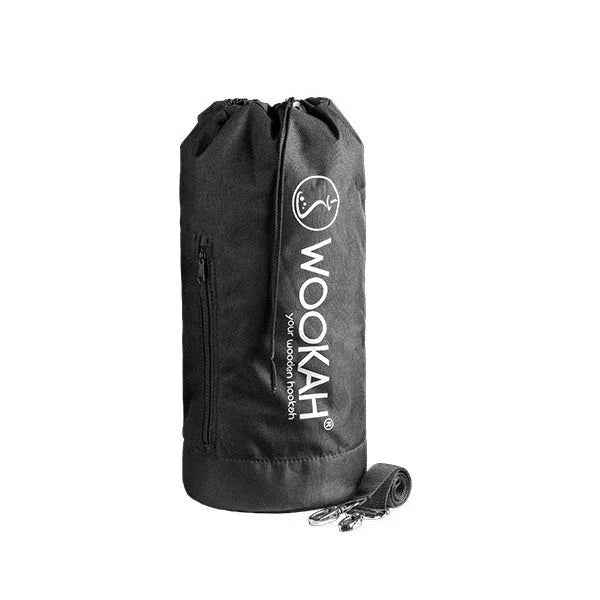 Black hookah travel bag with zipper, drawstring closure, and detachable shoulder strap