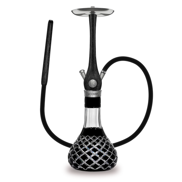 Elegant black hookah with textured glass base and dark wood stem, side hose attached