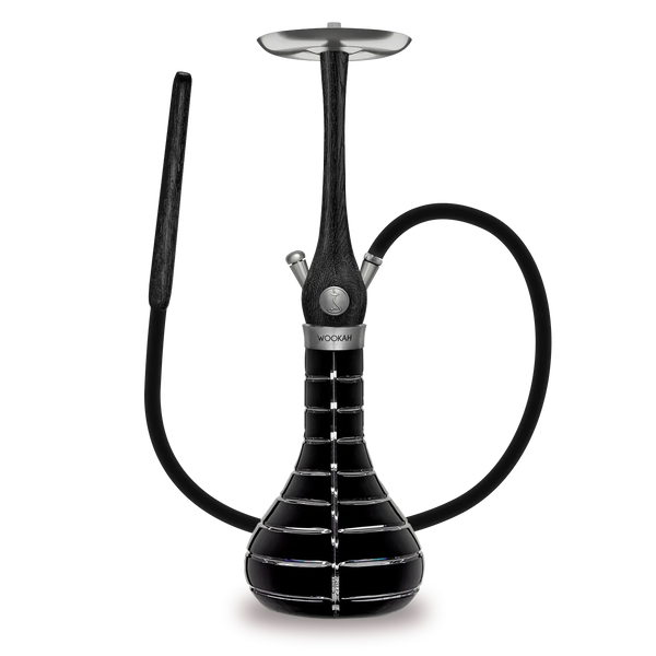 Modern black striped hookah with glass base and black hose on white background