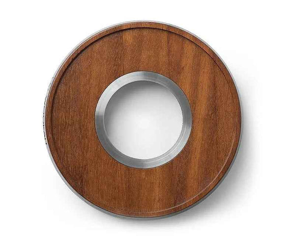 Round wooden shisha pipe stand with metal center, top view on white background