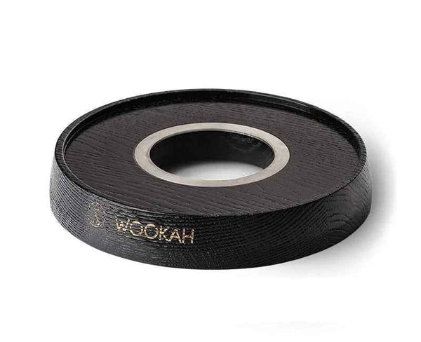 Black wooden hookah stand with central metal ring and Wookah logo engraving