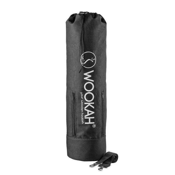 Black hookah travel bag with drawstring closure and zippers, includes a detachable strap.