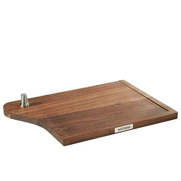 Rectangular walnut wood shisha board with metal spout and engraved groove detail.