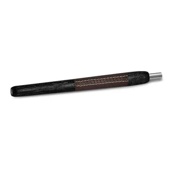 Dark wooden and brown leather shisha mouthpiece with metal tip on white background