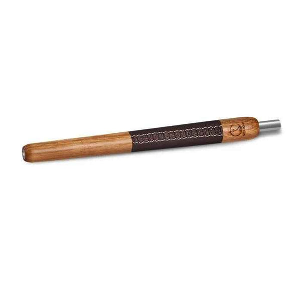 Oak wood and brown leather shisha mouthpiece with metal tip, isolated on white background.