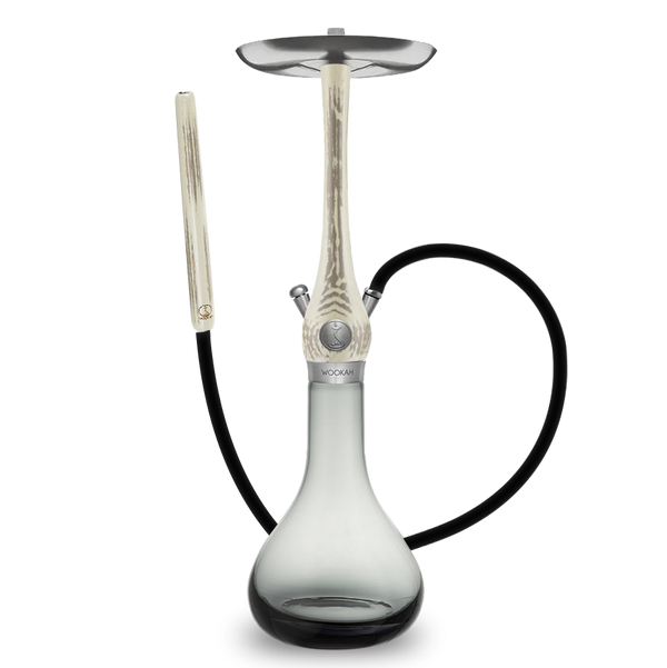 Modern taupe and smoky glass hookah with smooth wood stem and black silicone hose