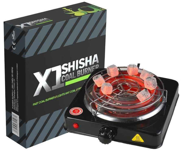 X1 shisha coal burner with glowing coals on heating element and product box