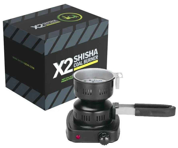 Electric shisha coal burner with temperature control and tongs, beside product box