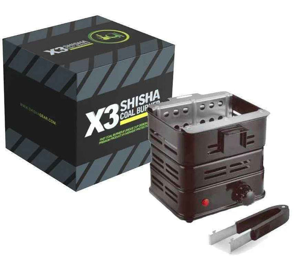 X3 shisha coal burner with tongs and product packaging, hookah accessory for quick coal heating.