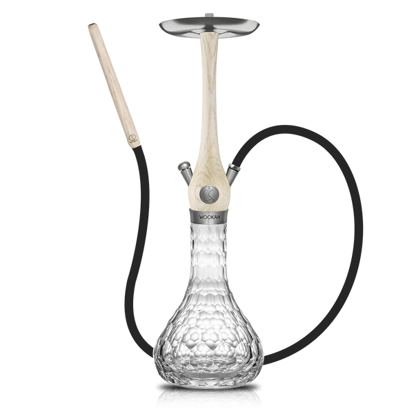 Modern glass and wood hookah with textured clear base and black hose