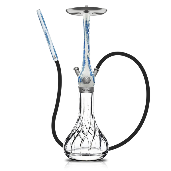 Modern glass hookah with blue and white stem, metal accents, and attached hose