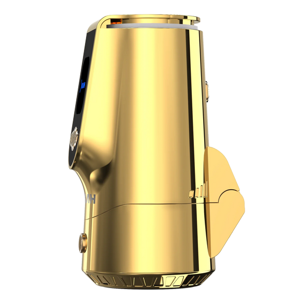 Gold electronic shisha head with digital display, side view, isolated on white background