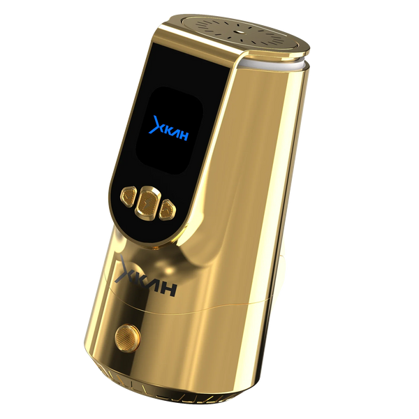 Gold electronic shisha device with black display and control buttons, sleek modern design