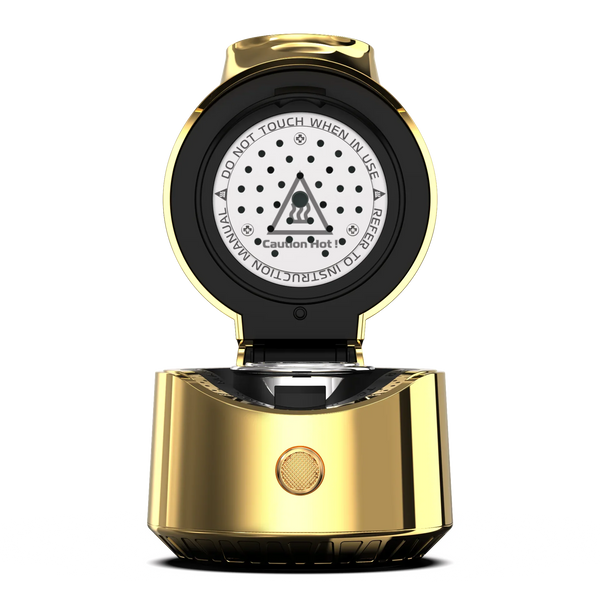 24K gold hookah charcoal burner with open lid and caution hot warning