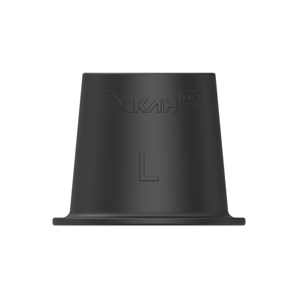 Black silicone hookah grommet replacement size L with XKAH Pro logo, isolated on white