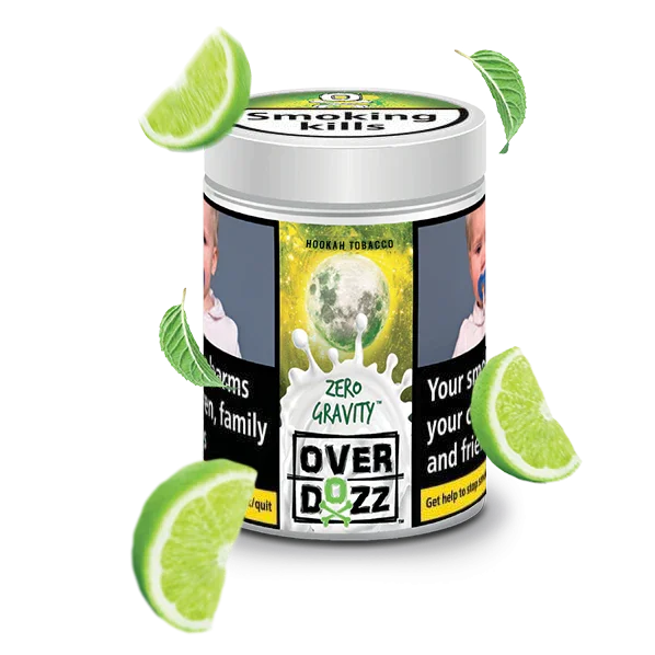 Overdozz Zero Gravity hookah tobacco container with lime slices and health warning label