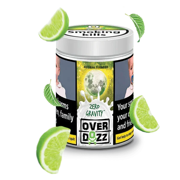 Overdozz Zero Gravity hookah tobacco can with lime slices and health warning label