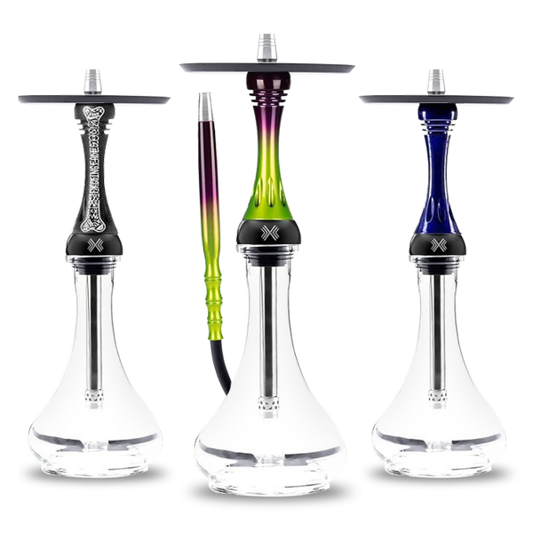 Three modern hookahs with clear glass bases and colorful stems on a white background