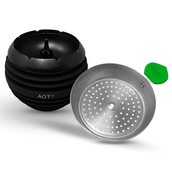 Black AOT hookah bowl and metal screen with green accessory on white background