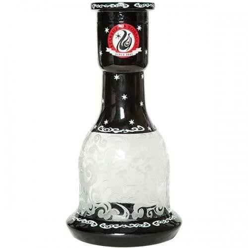 Black shisha glass base with engraved white swirl patterns and star accents