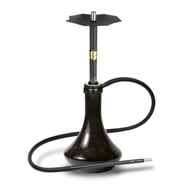 Modern black shisha set with sleek glass base and hose on white background
