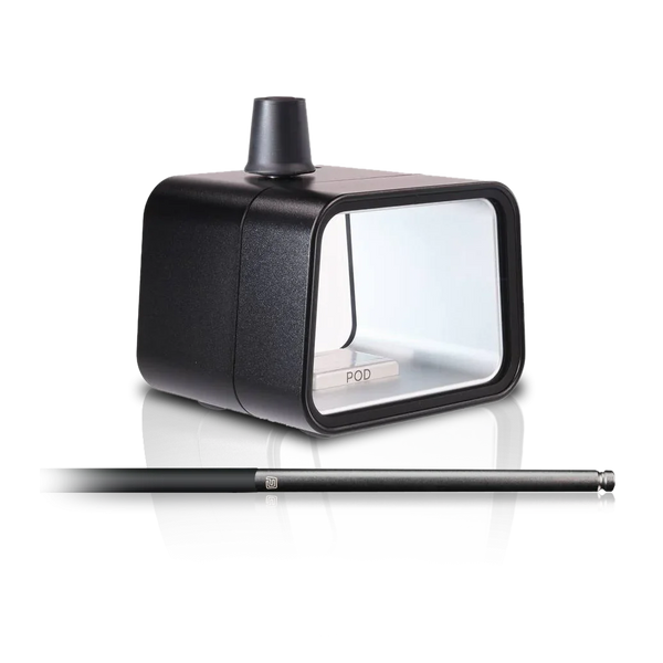 Modern black portable shisha set with transparent glass panel and sleek hose on white background