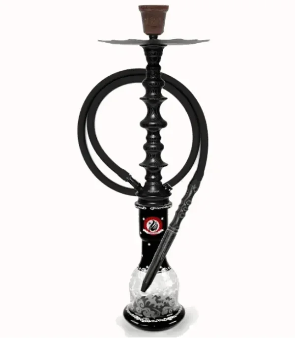 Black and silver shisha pipe with decorative glass base and hose on white background