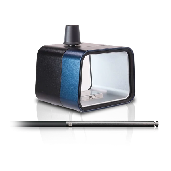 Modern blue portable shisha device and black hose on white background