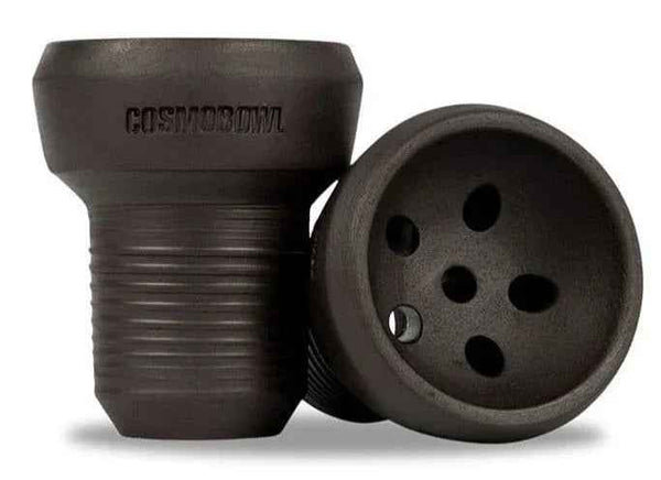 Black ceramic hookah bowl with ventilation holes, Cosmo Bowl design shown side by side