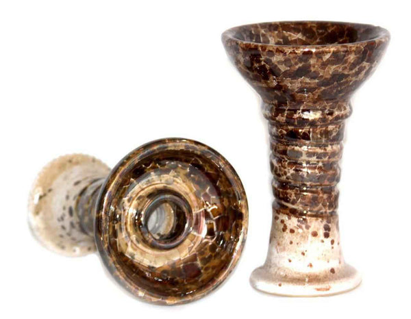 Brown ceramic hookah bowl with a speckled textured finish, displayed upright and sideways