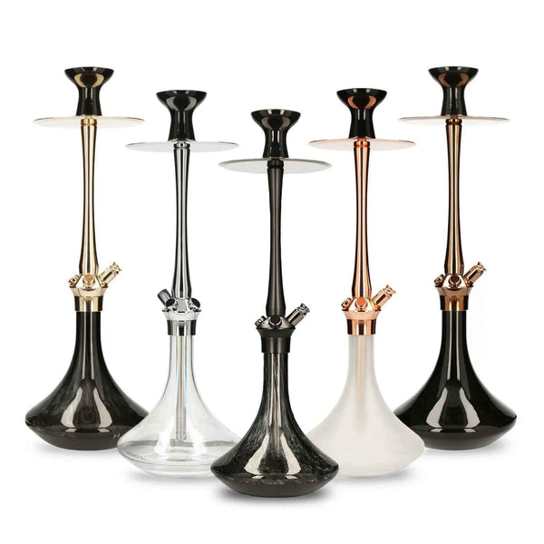Modern shisha pipes in gold, silver, black, and copper finishes, lined up on white background