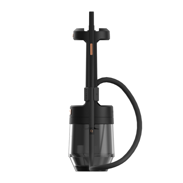 Modern black hookah with clear base and sleek hose, side view on white background