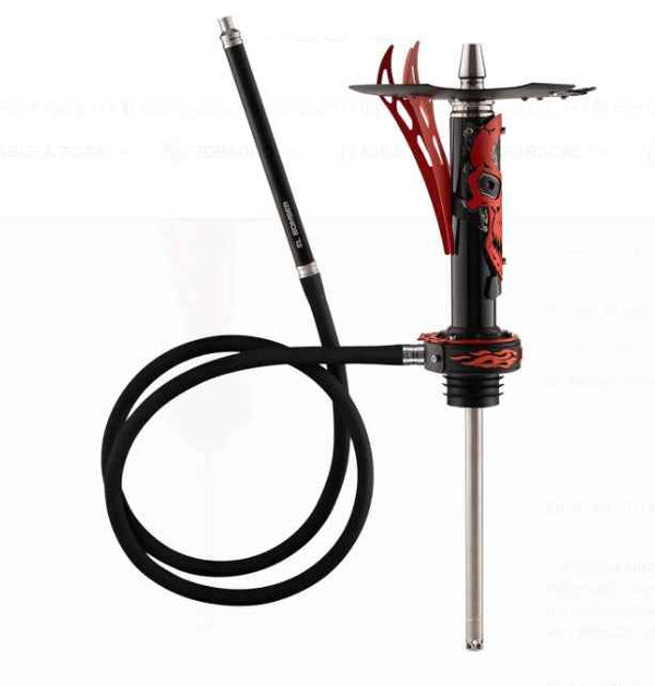 Modern black and red shisha pipe with flame design and metal stem, hookah hose attached