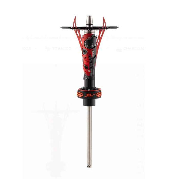 Red and black modern shisha pipe stem with flame design and metal shaft on white background