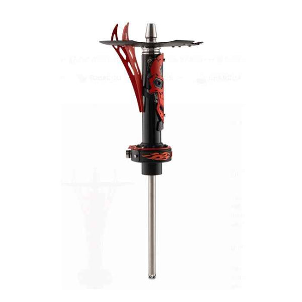Modern black and red shisha stem with flame design and intricate metal details
