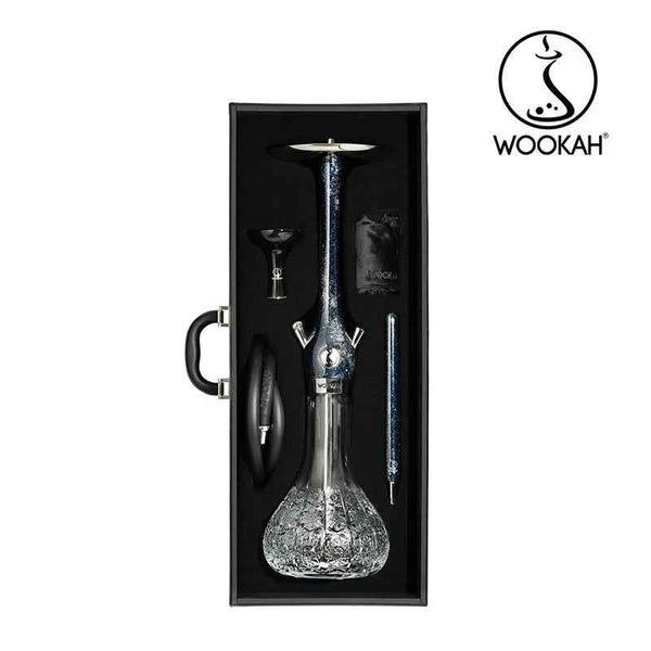 Wookah Galaxy hookah set in a black case with accessories and ornate glass base