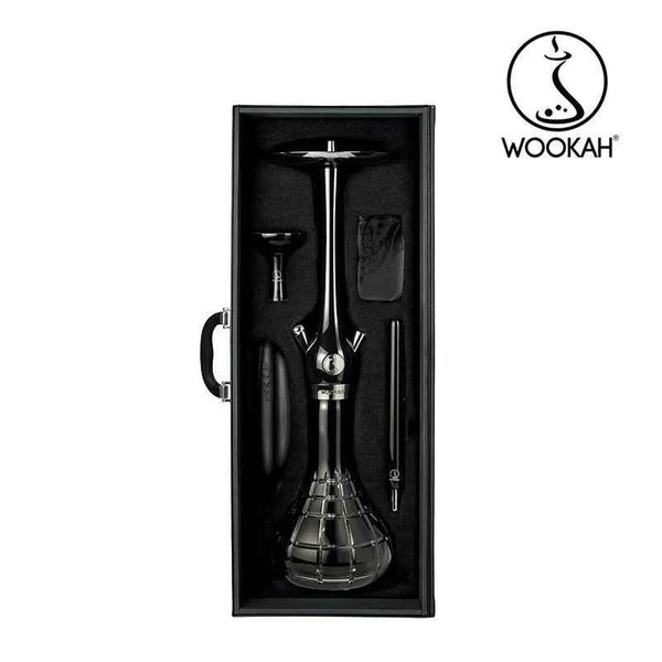 Black hookah set with glass base and accessories in a carry case, Wookah logo visible.