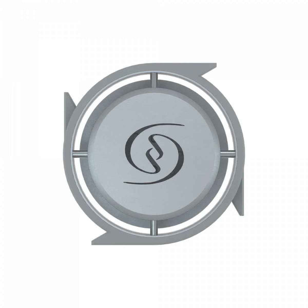 Top view of a silver hookah heat management device with a circular logo design