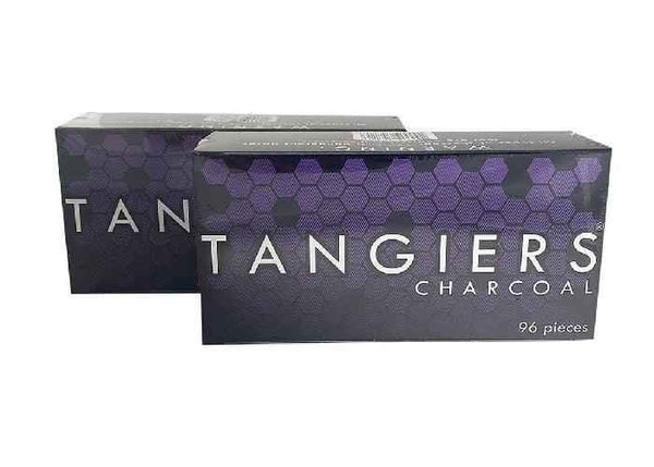 Tangiers charcoal 96 pieces box for shisha, purple hexagon design, two packs displayed